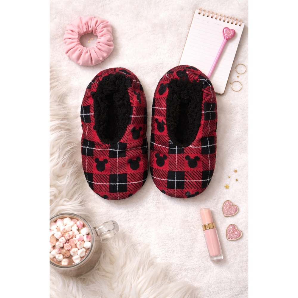 Disney Mickey Mouse Red Plaid Fleece Slippers Non Slip Grips Adult‎ Small